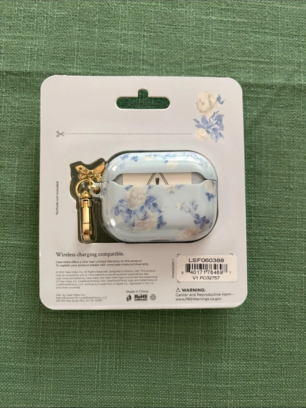 LoveShackFancy Blue and Cream Floral AirPods Pro 3 Case with Gold Clip